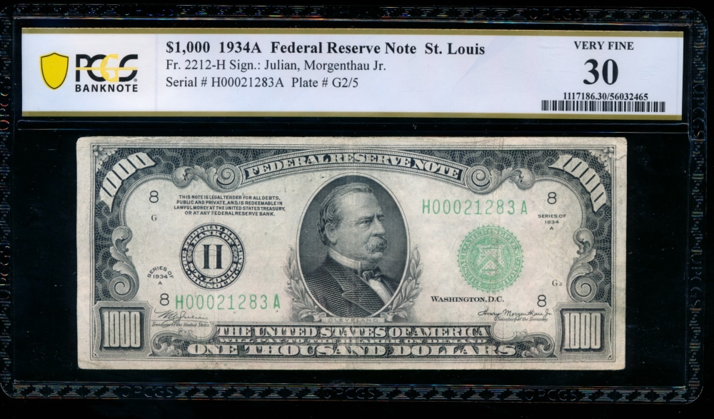 Fr. 2212-H 1934A $1,000  Federal Reserve Note Saint Louis PCGS 30 comment H00021283A