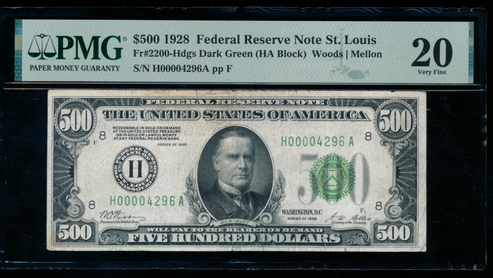 Fr. 2200-H 1928 $500  Federal Reserve Note Saint Louis PMG 20 H0004296A
