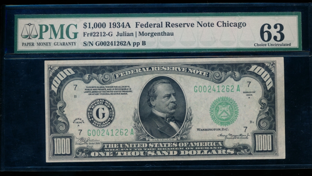 Fr. 2212-G 1934A $1,000  Federal Reserve Note Chicago PMG 63 G00241262A