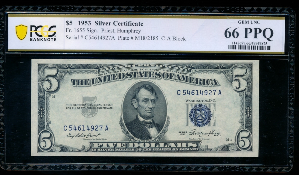 Fr. 1655 1953 $5  Silver Certificate CA block PCGS 66PPQ C5461497A