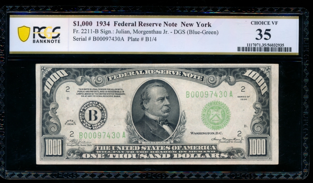 Fr. 2211-B 1934 $1,000  Federal Reserve Note New York PCGS 35 comment B00097430A