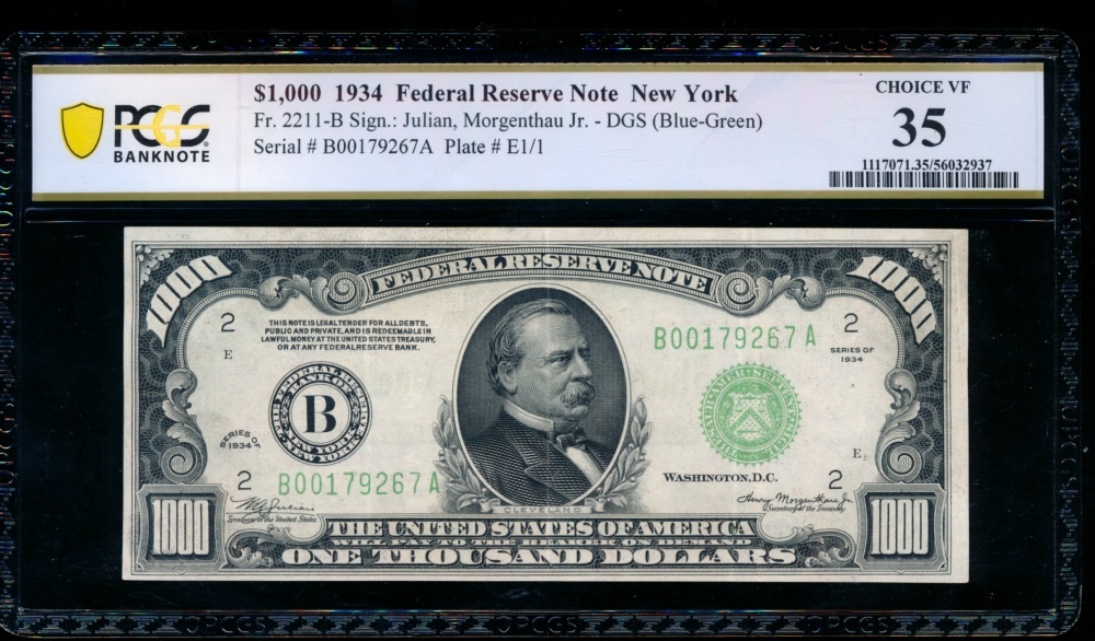 Fr. 2211-B 1934 $1,000  Federal Reserve Note New York PCGS 35 B00179267A