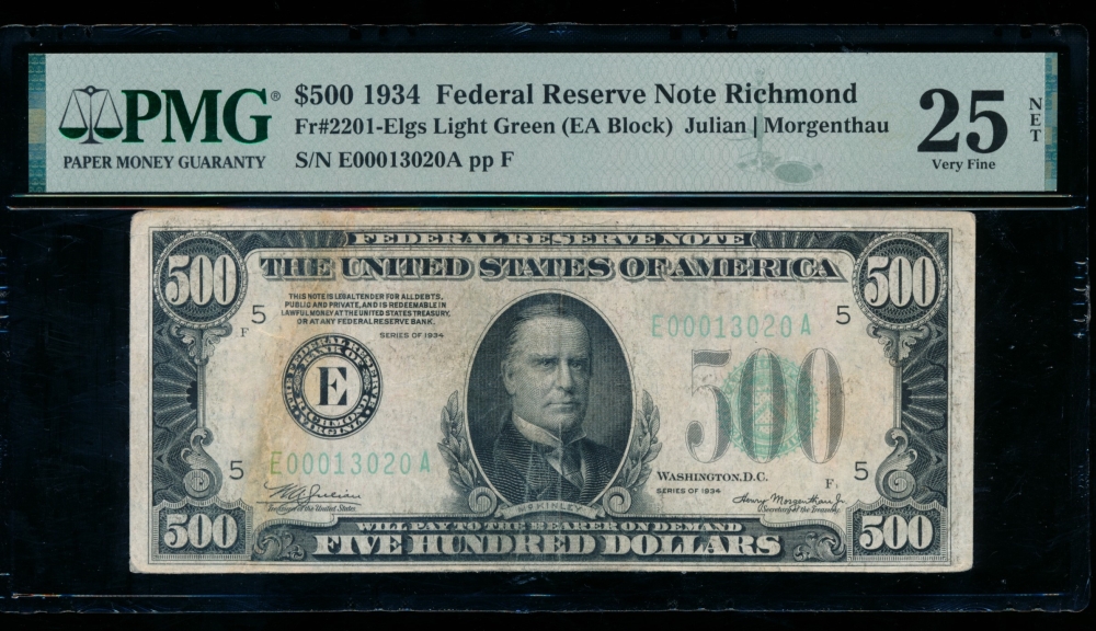 Fr. 2201-E 1934 $500  Federal Reserve Note Richmond LGS PMG 25NET E00013020A