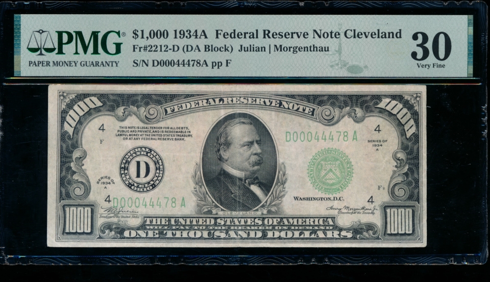 Fr. 2212-D 1934A $1,000  Federal Reserve Note Cleveland PMG 30 D00044478A