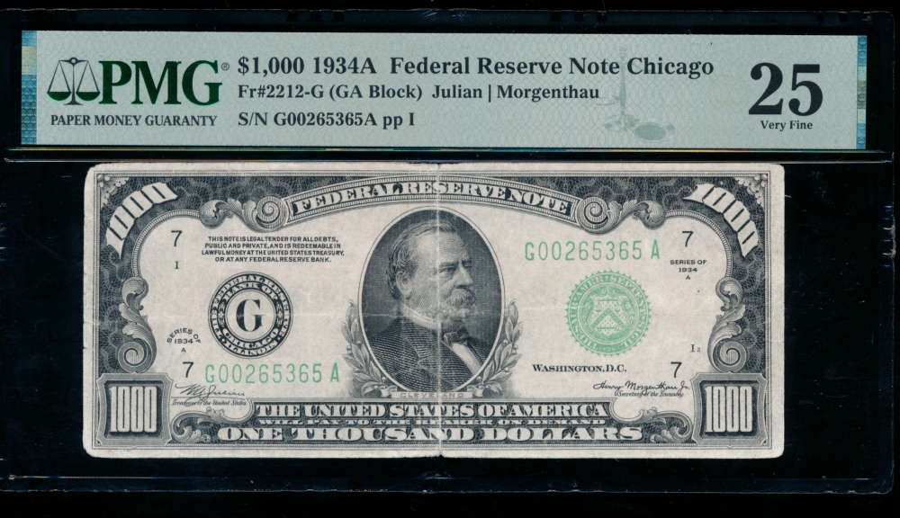 Fr. 2212-G 1934A $1,000  Federal Reserve Note Chicago PMG 25 comment G00265365A