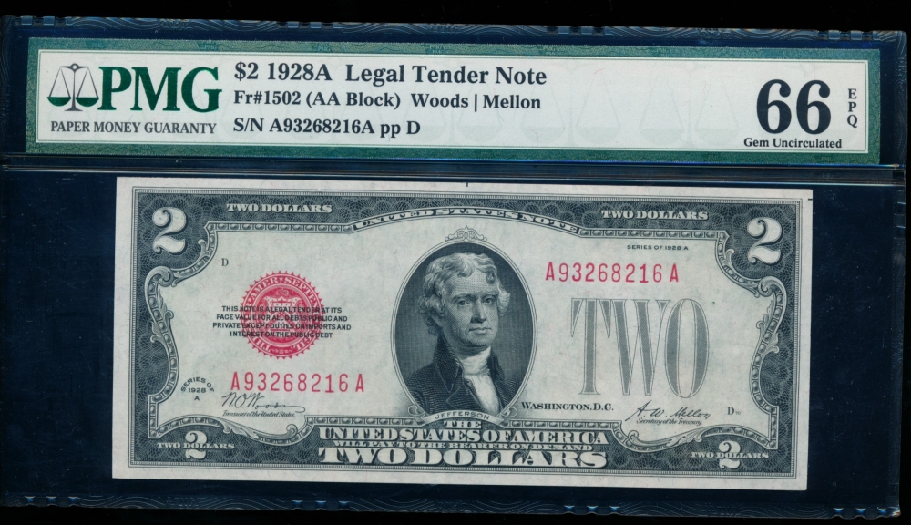 Fr. 1502 1928A $2  Legal Tender AA block PMG 66EPQ A93268216A