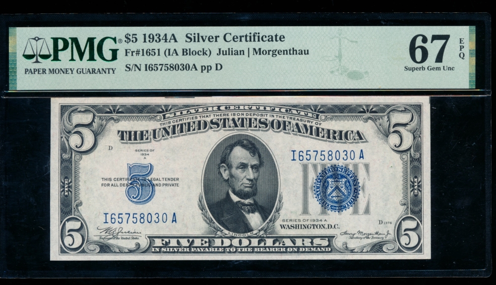 Fr. 1651 1934 $5  Silver Certificate IA block PMG 67EPQ I65758030A