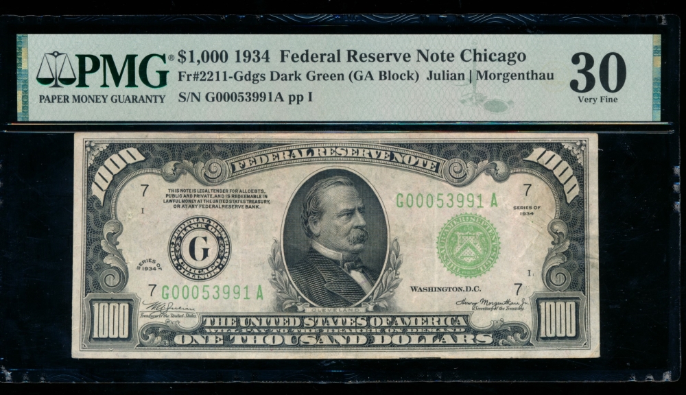 Fr. 2211-G 1934 $1,000  Federal Reserve Note Chicago PMG 30 comment G00053991A