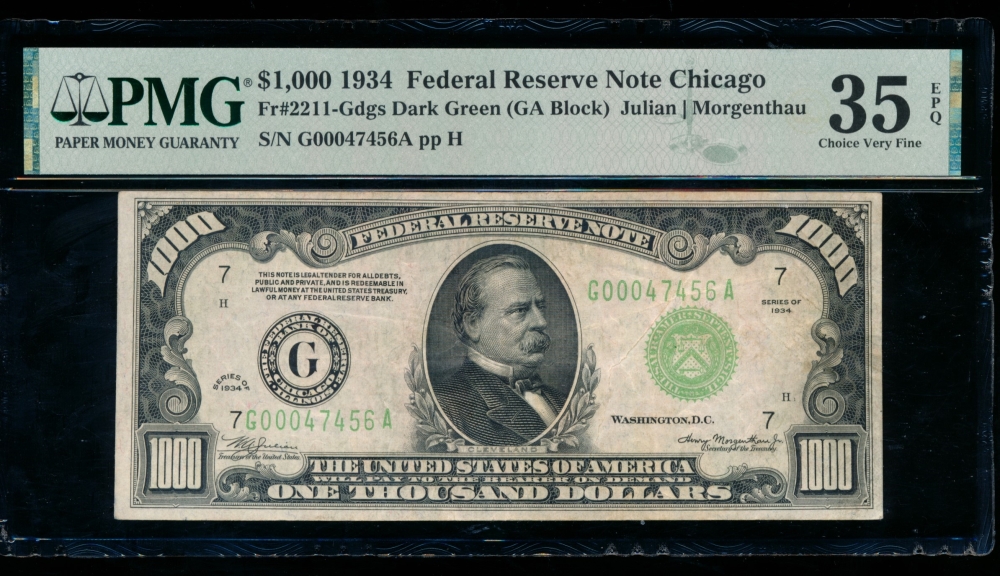 Fr. 2211-G 1934 $1,000  Federal Reserve Note Chicago PMG 35EPQ G00047456A