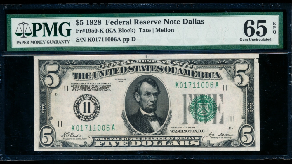 Fr. 1950-K 1928 $5  Federal Reserve Note Dallas PMG 65EPQ K01711006A
