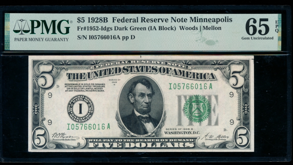 Fr. 1952-I 1928B $5  Federal Reserve Note Minneapolis PMG 65EPQ I05766016A
