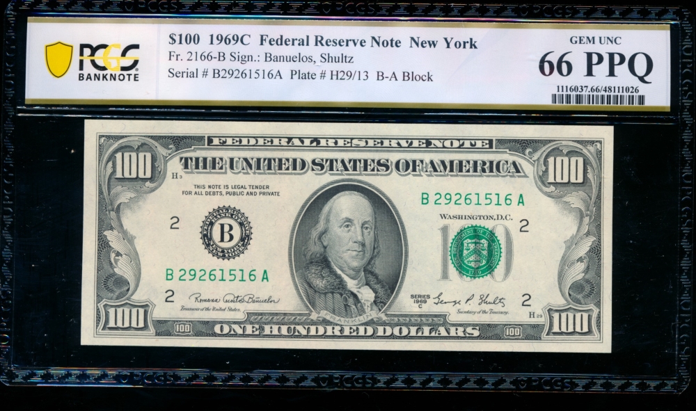 Fr. 2166-B 1969C $100  Federal Reserve Note New York PCGS 66PPQ B27261516A