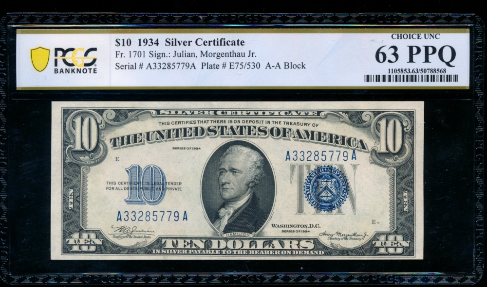 Fr. 1701 1934 $10  Silver Certificate AA block PCGS 63PPQ A33285779A