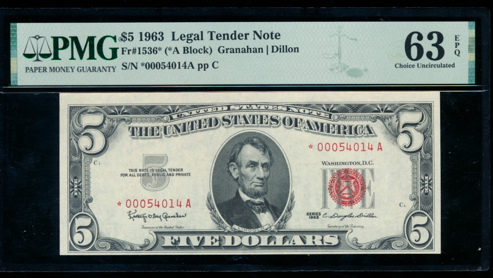 Fr. 1536 1963 $5  Legal Tender *A block PMG 63EPQ *00054014A