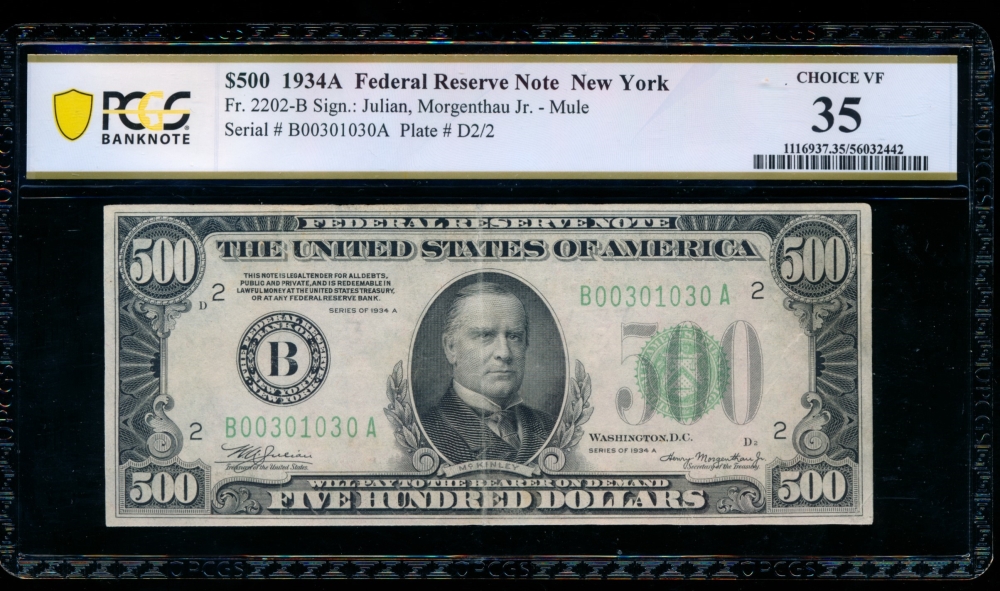Fr. 2202-B 1934A $500  Federal Reserve Note New York PCGS 35 comment B00301030A