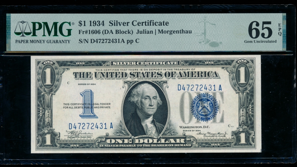 Fr. 1606 1934 $1  Silver Certificate DA block PMG 65EPQ D47272431A
