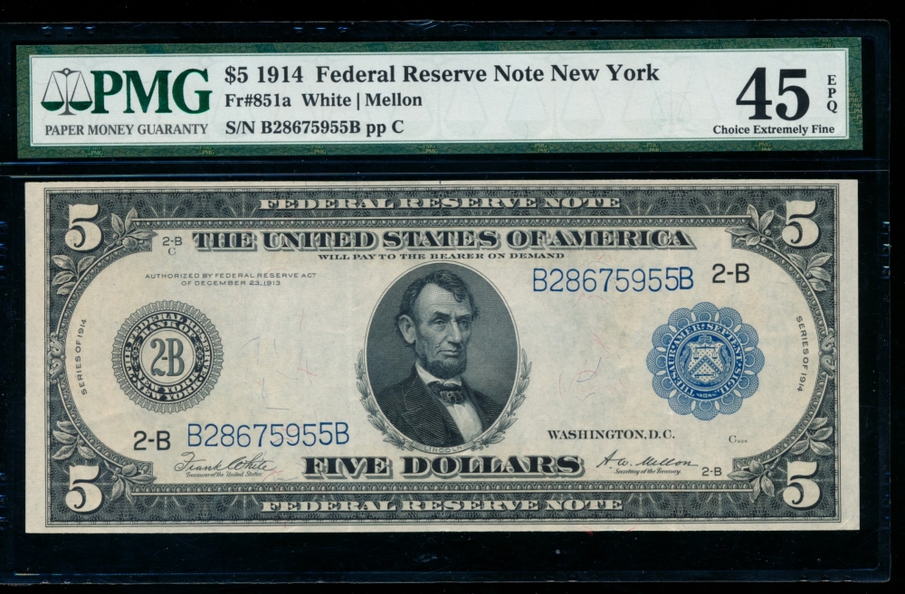 Fr. 851a 1914 $5  Federal Reserve Note New York PMG 45EPQ B28675955B