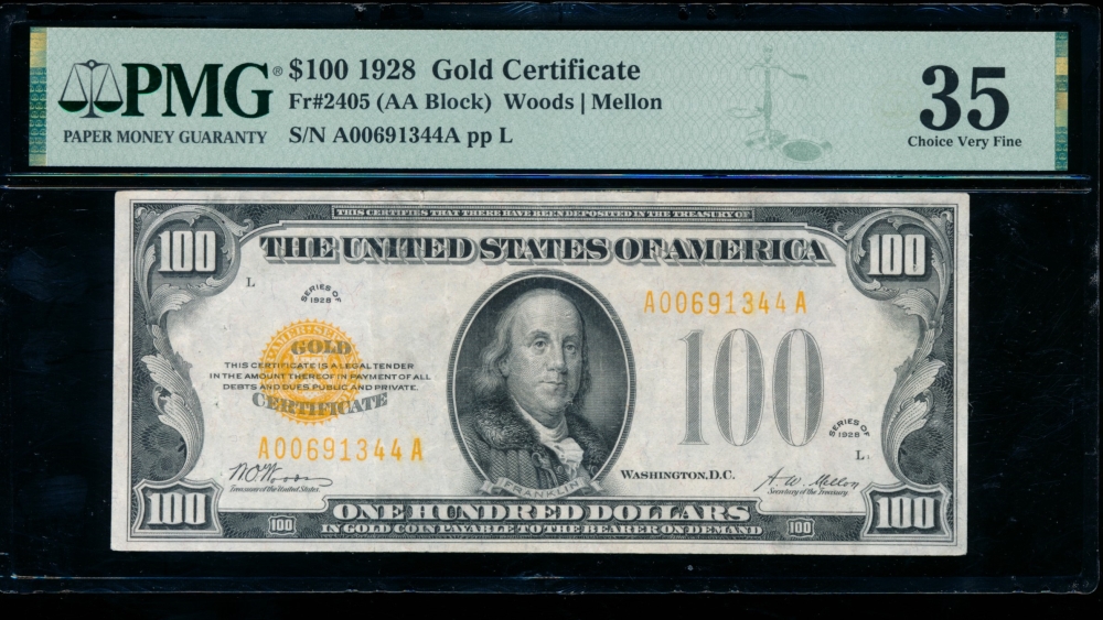 Fr. 2405 1928 $100  Gold Certificate  PMG 35 comment A00691344A