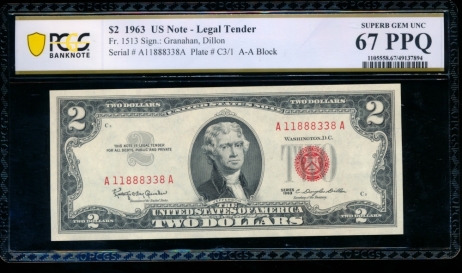 Fr. 1513 1963 $2  Legal Tender AA block PCGS 67PPQ A11888338A