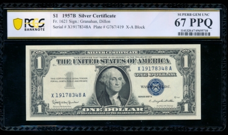 Fr. 1621 1957B $1  Silver Certificate  PCGS 67PPQ X19178348A
