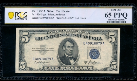 Fr. 1656 1953A $5  Silver Certificate EA block PCGS 65PPQ E40918079A