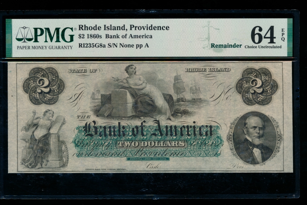 Fr. RI-235 G8a 1860s $2  Obsolete Bank of America, Rhode Island PMG 64EPQ no serial number