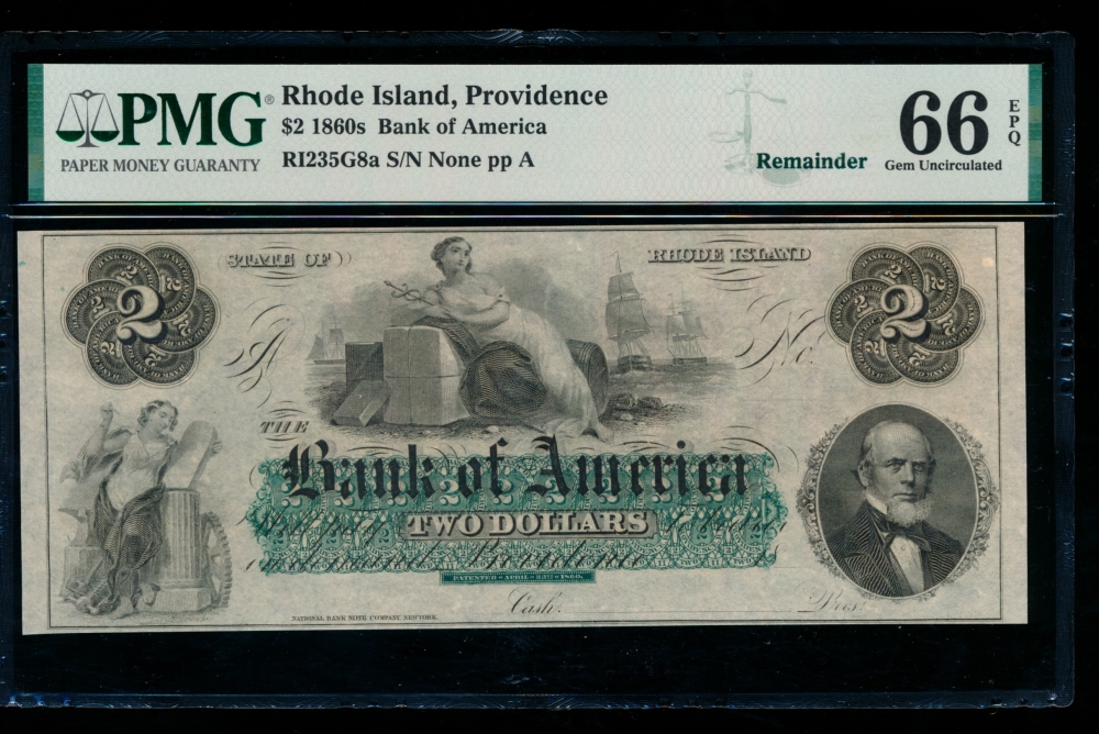 Fr. RI-235 G8a 1860s $2  Obsolete Bank of America, Rhode Island PMG 66EPQ no serial number