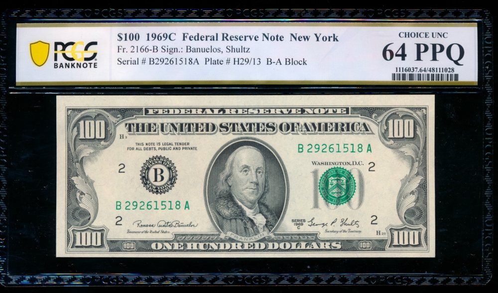 Fr. 2166-B 1969C $100  Federal Reserve Note New York PCGS 64PPQ B27261518A