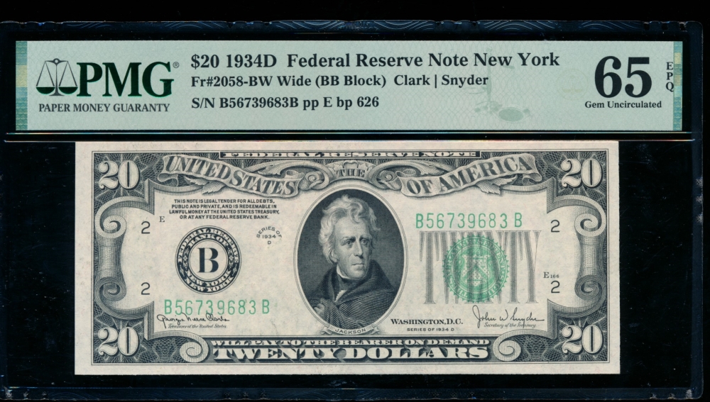 Fr. 2058-B 1934D $20  Federal Reserve Note Wide, BB block PMG 65EPQ B56739683B
