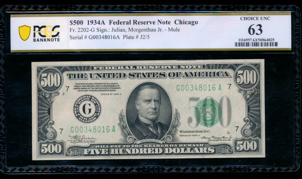Fr. 2202-G 1934A $500  Federal Reserve Note Chicago PCGS 63 G00348016A