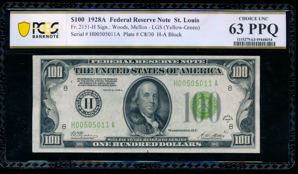 Fr. 2151-H 1928A $100  Federal Reserve Note Saint Louis LGS PCGS 63PPQ H00505011A