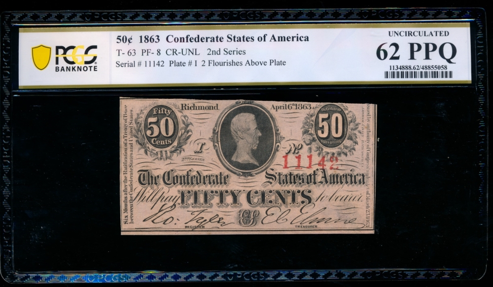 Fr. T-63 1863 $0.50  Confederate PF-8 PCGS 62PPQ 11142