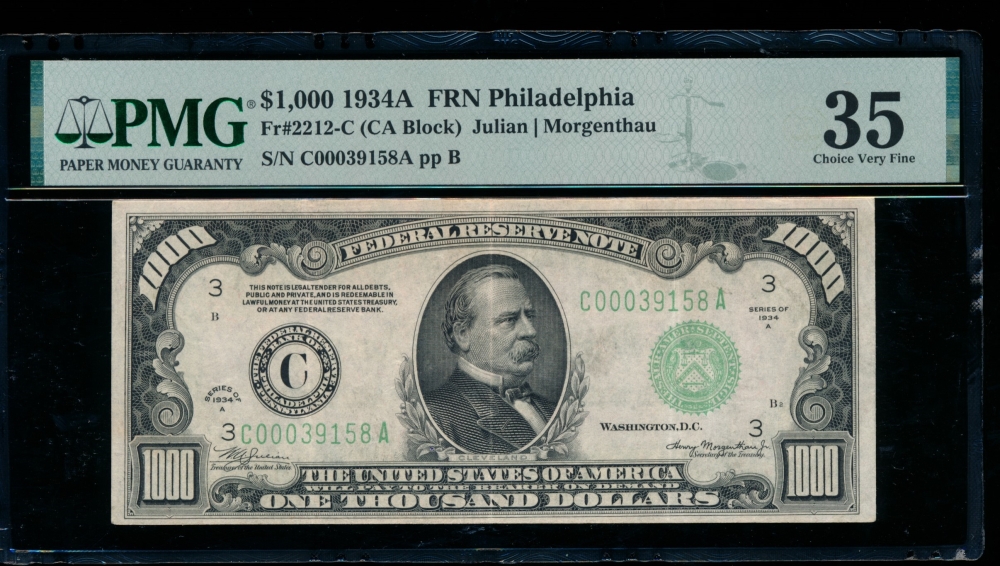 Fr. 2212-C 1934A $1,000  Federal Reserve Note Philadelphia PMG 35 C00039158A