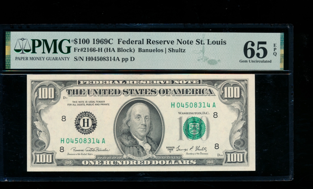 Fr. 2166-H 1969C $100  Federal Reserve Note Saint Louis PMG 65EPQ H04508314A