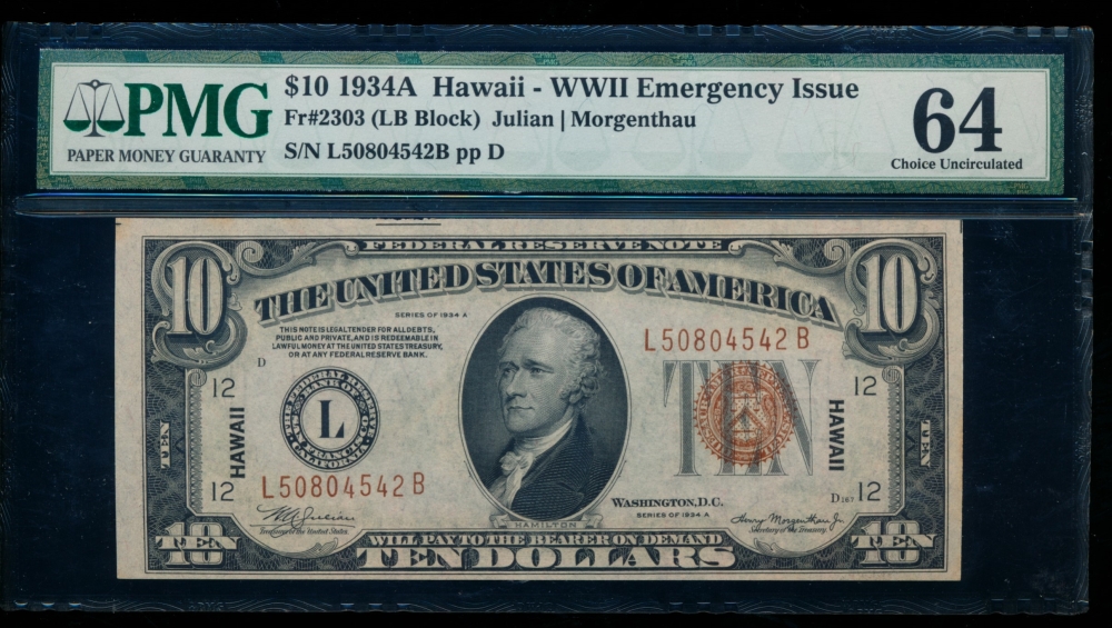 Fr. 2303 1934A $10  Hawaii  PMG 64 L50804542B