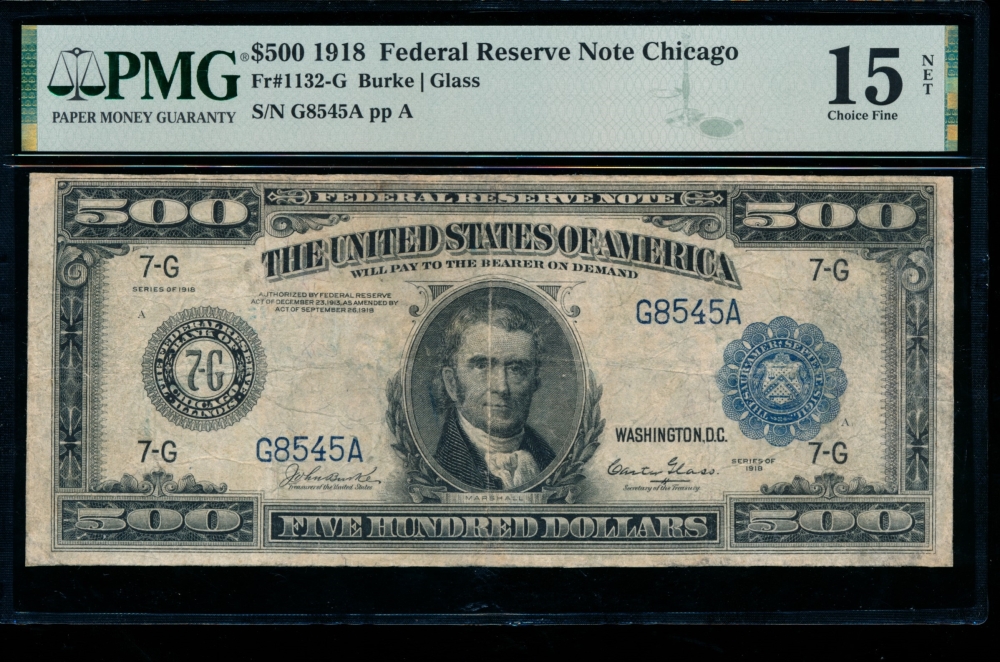 Fr. 1132-G 1918 $500  Federal Reserve Note Chicago PMG 15NET G8545A