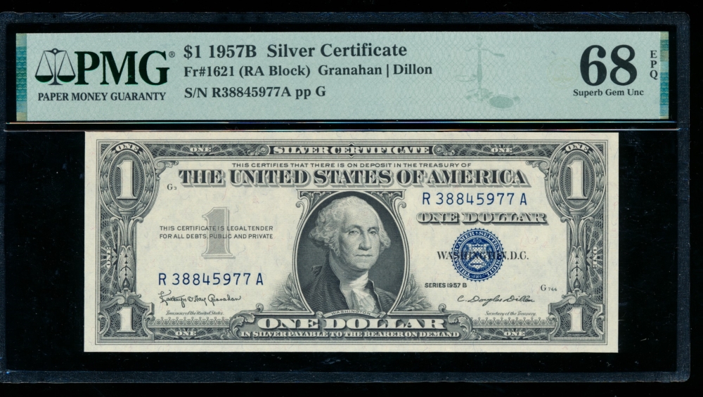 Fr. 1621 1957B $1  Silver Certificate RA block PMG 68EPQ R38845977A