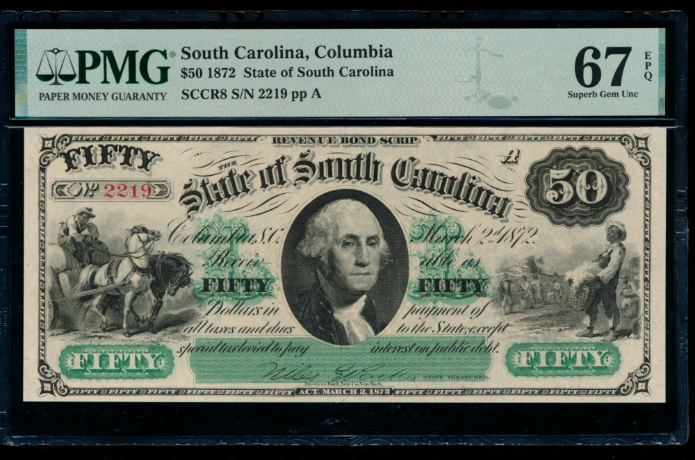Fr. Cr SC-8 1872 $50  Obsolete State of South Carolina, Columbia, SC PMG 67EPQ 2219