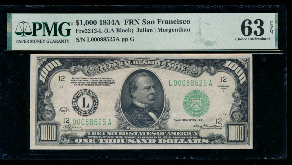 Fr. 2212-L 1934A $1,000  Federal Reserve Note San Francisco PMG 63EPQ L00088525A