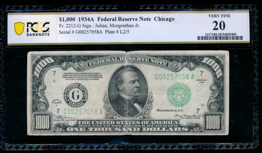Fr. 2212-G 1934A $1,000  Federal Reserve Note Chicago PCGS 20 comment G00257058A
