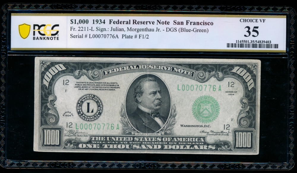 Fr. 2211-L 1934 $1,000  Federal Reserve Note San Francisco PCGS 35 L00070776A