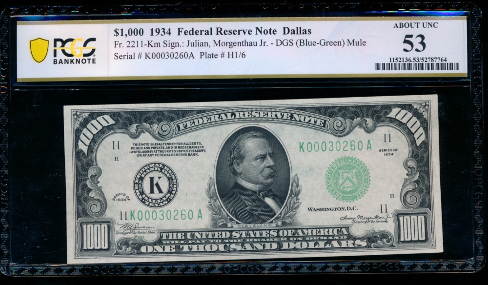 Fr. 2211-K 1934 $1,000  Federal Reserve Note Dallas PCGS 53 K00030260A