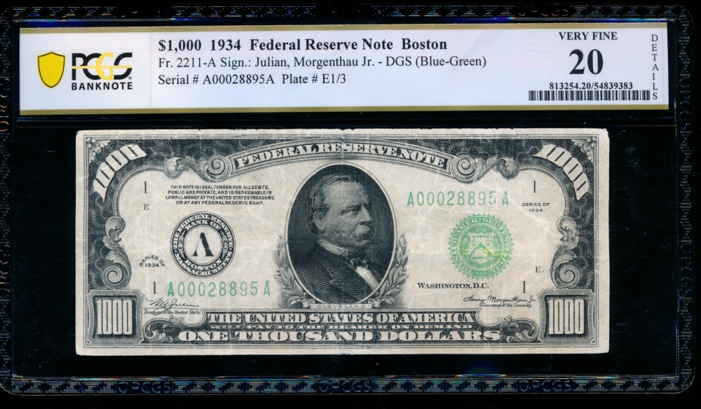 Fr. 2211-A 1934 $1,000  Federal Reserve Note Boston PCGS 20 details A00028895A