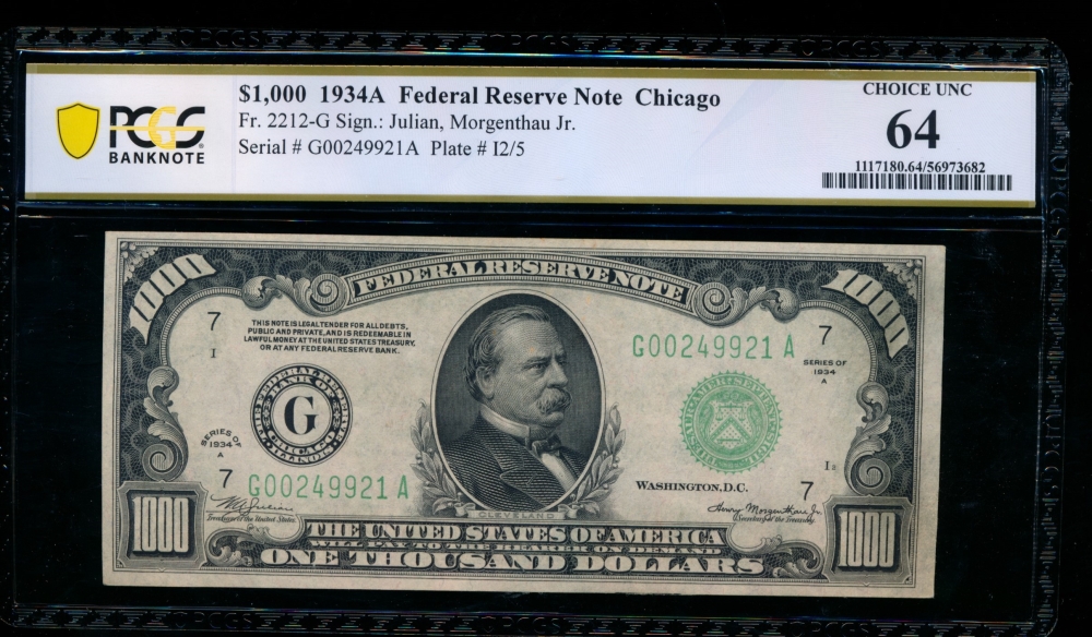 Fr. 2212-G 1934A $1,000  Federal Reserve Note Chicago PCGS 64 G00249921A