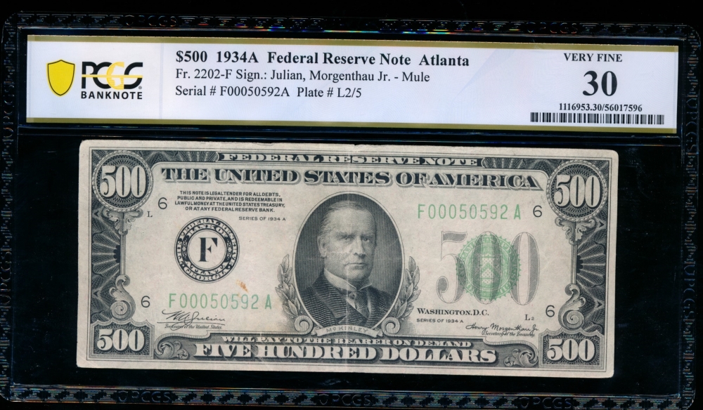 Fr. 2202-F 1934A $500  Federal Reserve Note Atlanta PCGS 30 F00050592A