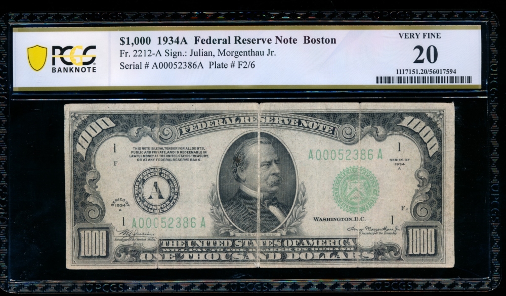 Fr. 2212-A 1934A $1,000  Federal Reserve Note Boston PCGS 20 A00052386A