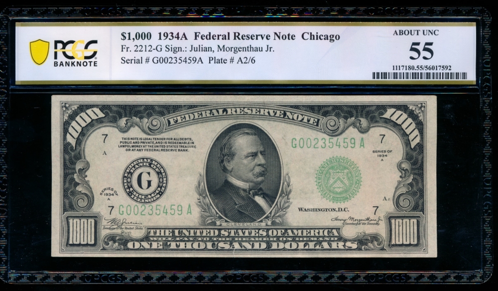 Fr. 2212-G 1934A $1,000  Federal Reserve Note Chicago PCGS 55 comment G00235459A