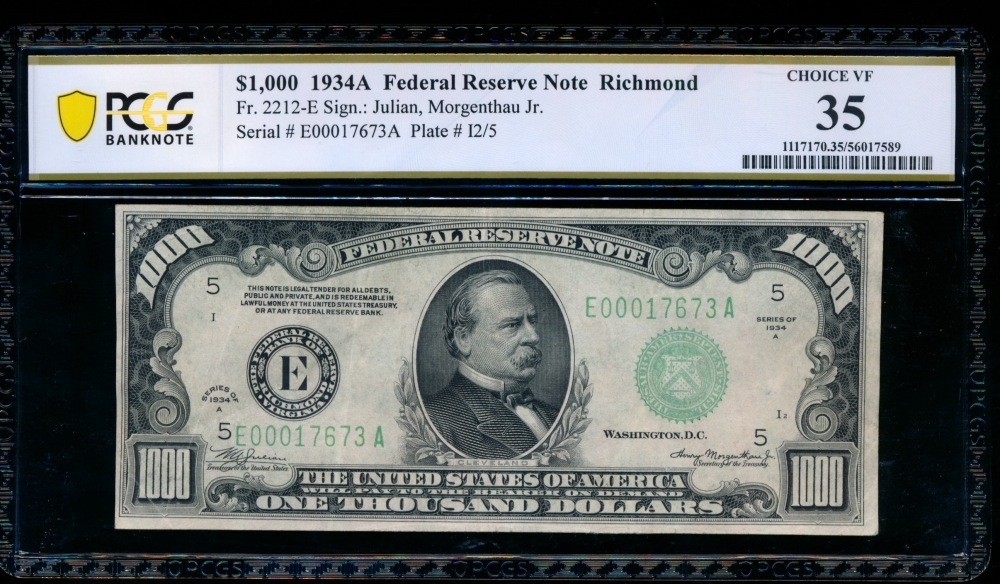 Fr. 2212-E 1934A $1,000  Federal Reserve Note Richmond PCGS 35 E00017673A