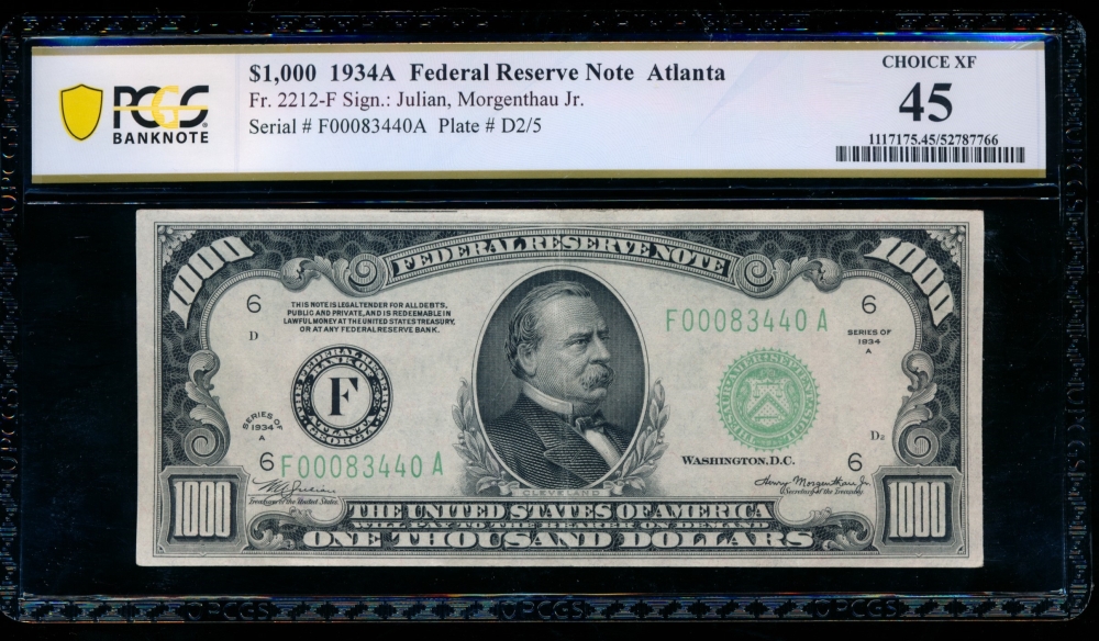 Fr. 2212-F 1934A $1,000  Federal Reserve Note Atlanta PCGS 45 F00083440A