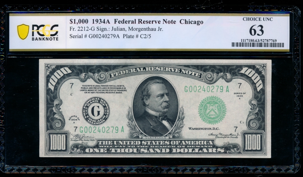 Fr. 2212-G 1934A $1,000  Federal Reserve Note Chicago PCGS 63 G00240279A